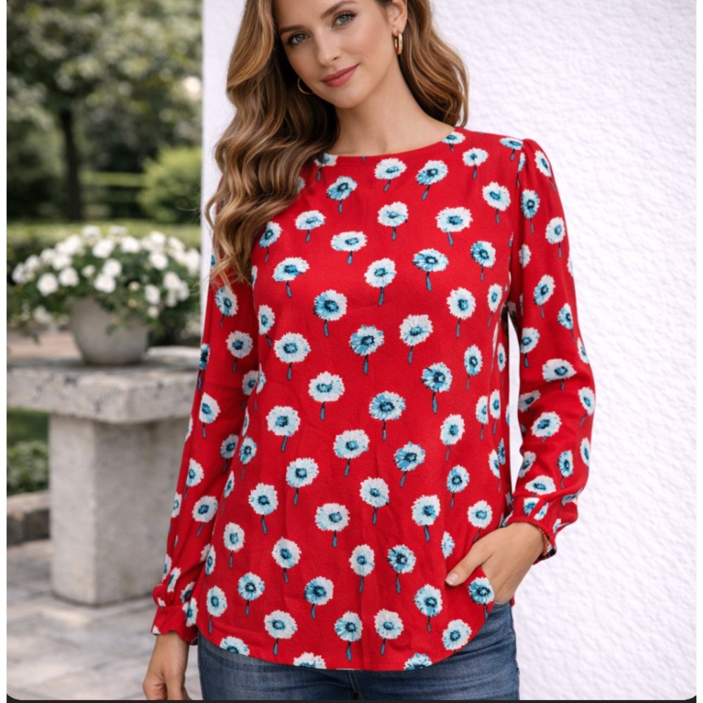 NWT J CREW Printed Boatneck Top Womens Medium Long Sleeve Floral Office Red Blue